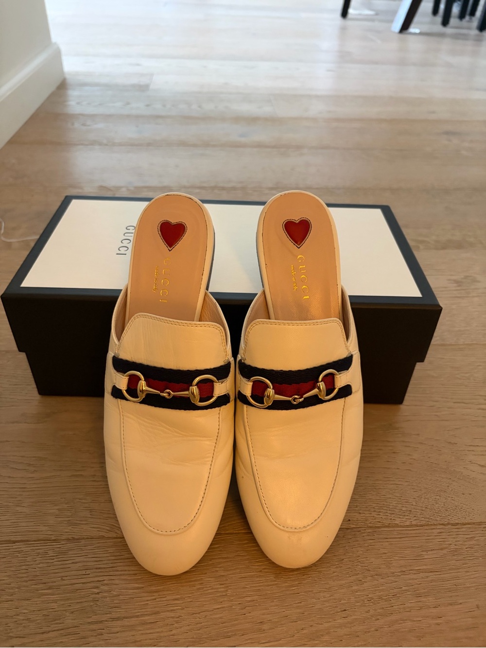 Gucci Ivory Leather Horsebit Mules with Navy & Red Web
